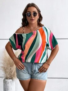 SHEIN Clasi 大碼撞色不對稱領蝙蝠袖襯衫 - 彩色 - 查看 4