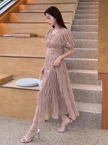 DAZY Đầm Xếp li Dải chun màu trơn Giải trí - Hồng - Xem 7