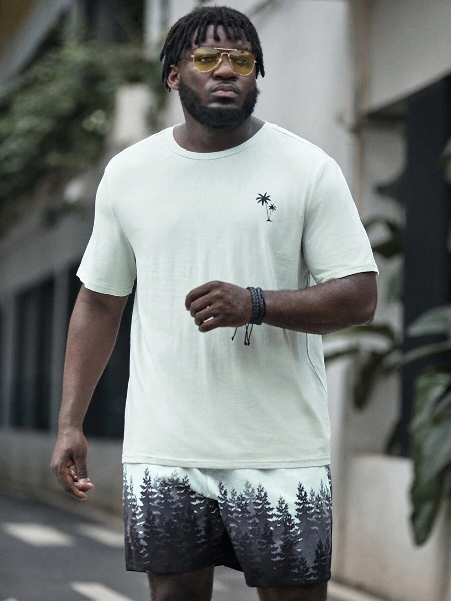 GENTILAND Men Plus Cotton Tropical Print Tee & Shorts - Multicolor - View 1