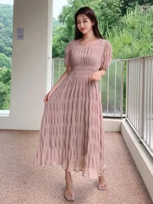 DAZY Đầm Xếp li Dải chun màu trơn Giải trí - Hồng - Xem 8