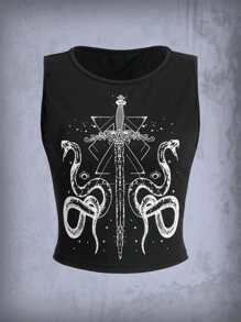 ROMWE Goth 蛇印花背心上衣 - 黑色 - 查看 1