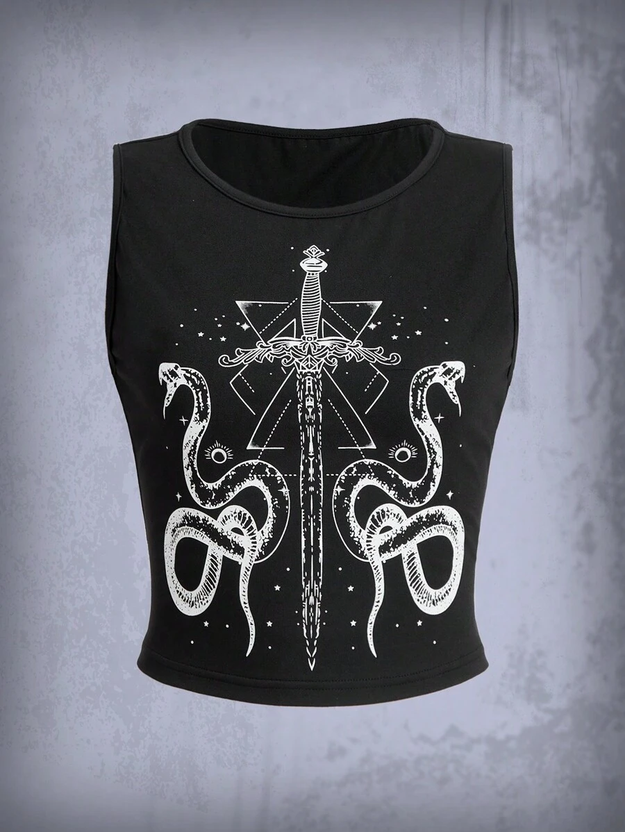 ROMWE Goth 蛇印花背心上衣 - 黑色 - 查看 1