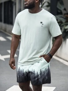 GENTILAND Men Plus Cotton Tropical Print Tee & Shorts - Multicolor - View 5