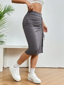 SHEIN Essnce Váy nữ Dây kéo Xù Tách cao màu trơn Giải trí - Màu xám đen - Xem 3