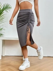 SHEIN Essnce Váy nữ Dây kéo Xù Tách cao màu trơn Giải trí - Màu xám đen - Xem 4