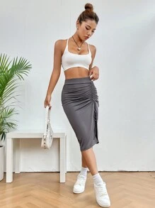 SHEIN Essnce Váy nữ Dây kéo Xù Tách cao màu trơn Giải trí - Màu xám đen - Xem 6