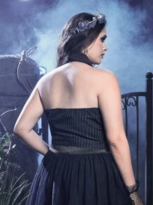 ROMWE Goth Plus Striped Print Button Front Halter Neck Backless Waistcoat - Black and White - View 2