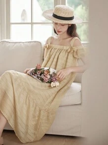 DAZY 露肩荷葉邊鬆緊裙連衣裙 - 卡其色 - 查看 5