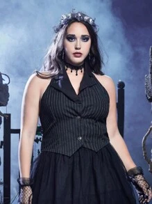 ROMWE Goth Plus Striped Print Button Front Halter Neck Backless Waistcoat - Black and White - View 4