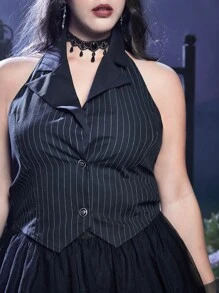 ROMWE Goth Plus Striped Print Button Front Halter Neck Backless Waistcoat - Black and White - View 6