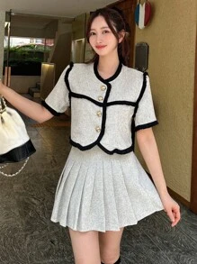 DAZY 拼接邊前紐扣短夾克和百褶半身裙 - 彩色 - 查看 3