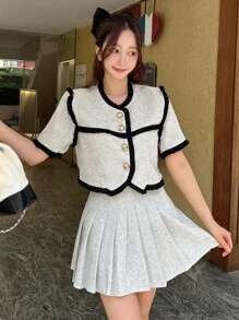 DAZY 拼接邊前紐扣短夾克和百褶半身裙 - 彩色 - 查看 5