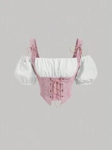 SHEIN MOD 2 In 1 Lace Up Front Ruched Bust Cold Shoulder Crop Top - Dusty Pink - View 1