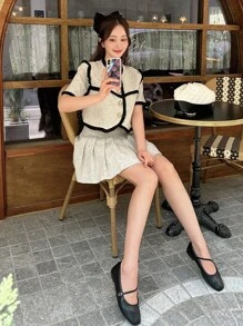 DAZY 拼接邊前紐扣短夾克和百褶半身裙 - 彩色 - 查看 6