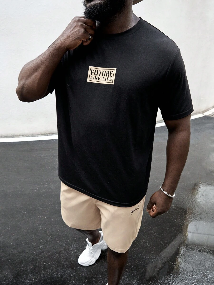 EASEVO 男士大码棉字母圖案T恤和短褲 - 彩色 - 查看 1