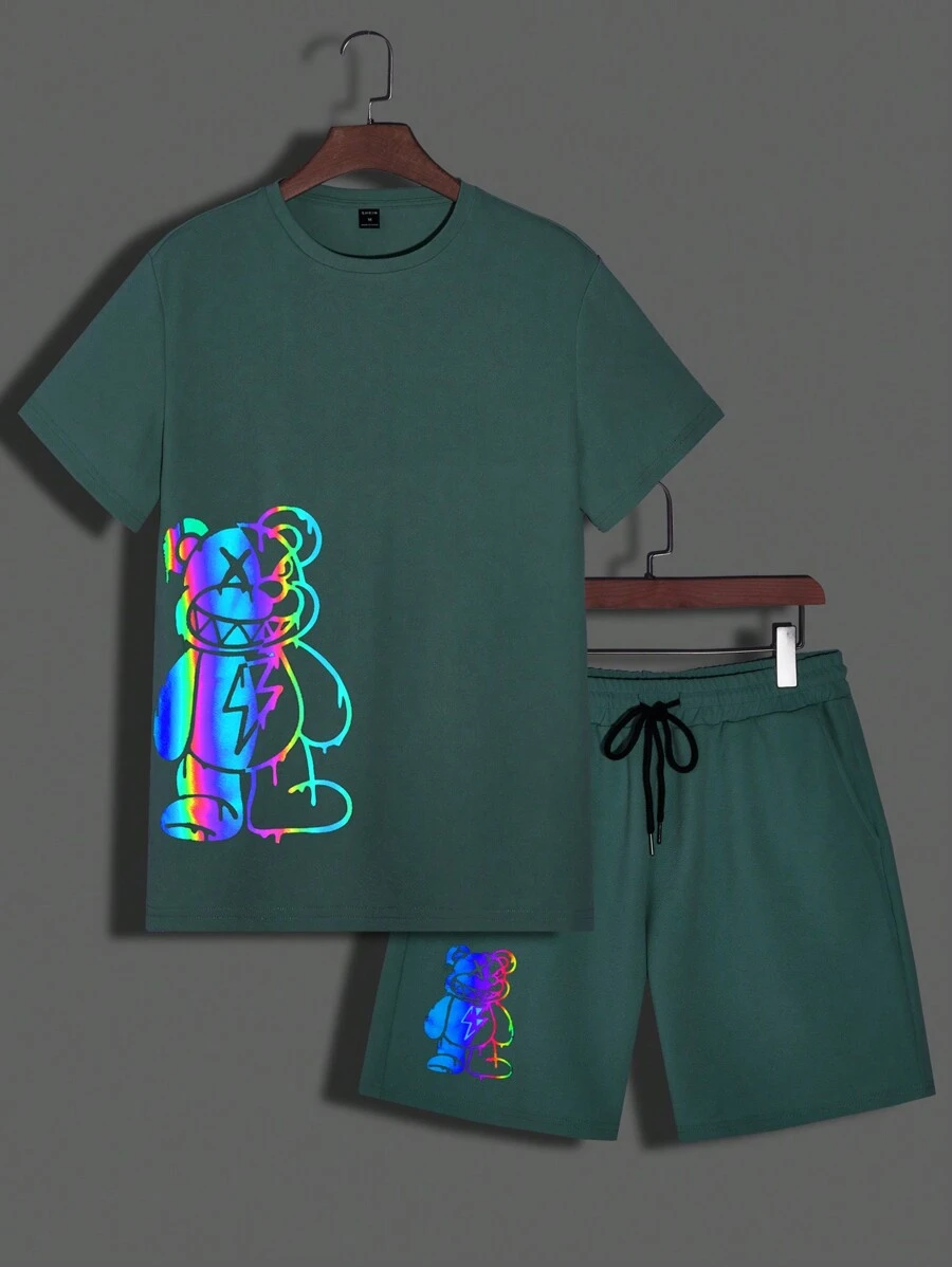 Manfinity RebelGame Men Reflective Bear Print Tee & Drawstring Waist Shorts - Mint Green - View 1