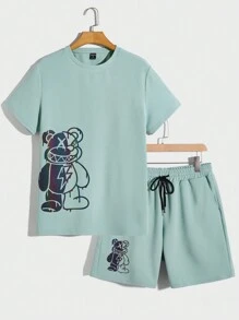 Manfinity RebelGame Men Reflective Bear Print Tee & Drawstring Waist Shorts - Mint Green - View 6