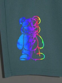 Manfinity RebelGame Men Reflective Bear Print Tee & Drawstring Waist Shorts - Mint Green - View 12