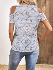 SHEIN LUNE 幾何印花挖肩鏤空T恤 - 灰色 - 查看 2