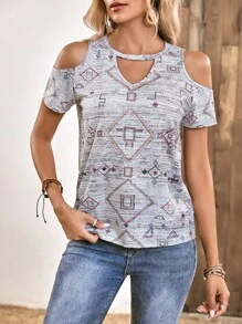 SHEIN LUNE 幾何印花挖肩鏤空T恤 - 灰色 - 查看 4