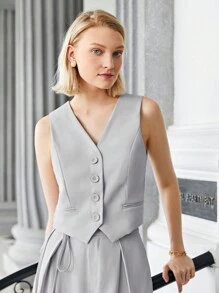 SHEIN BIZwear 素色前紐扣馬甲西裝外套工作服 - 淺灰色 - 查看 4