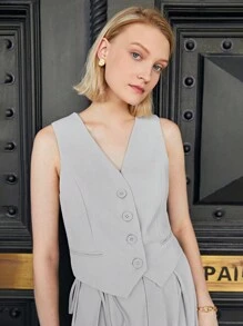 SHEIN BIZwear 素色前紐扣馬甲西裝外套工作服 - 淺灰色 - 查看 5