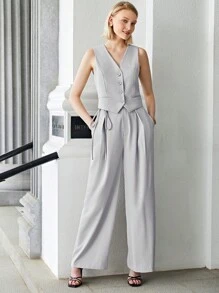 SHEIN BIZwear 素色前紐扣馬甲西裝外套工作服 - 淺灰色 - 查看 7