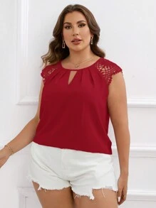 SHEIN Clasi 加大对比色凸花蕾丝锁孔领口衬衫 - 酒紅色 - 查看 5