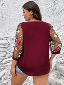 SHEIN LUNE Plus Floral Embroidery Mesh Lantern Sleeve Blouse