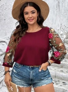 SHEIN LUNE Plus Floral Embroidery Mesh Lantern Sleeve Blouse