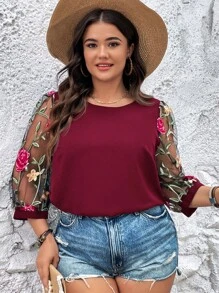 SHEIN LUNE Plus Floral Embroidery Mesh Lantern Sleeve Blouse