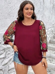 SHEIN LUNE Plus Floral Embroidery Mesh Lantern Sleeve Blouse