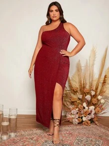 SHEIN Belle 大碼單肩圍裹下擺金屬亮絲伴娘連衣裙 - 酒紅色 - 查看 2