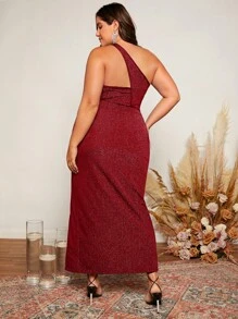 SHEIN Belle 大碼單肩圍裹下擺金屬亮絲伴娘連衣裙 - 酒紅色 - 查看 3