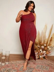 SHEIN Belle 大碼單肩圍裹下擺金屬亮絲伴娘連衣裙 - 酒紅色 - 查看 4