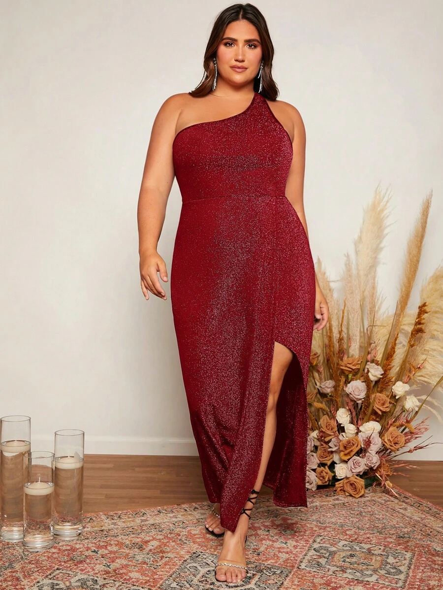 SHEIN Belle 大碼單肩圍裹下擺金屬亮絲伴娘連衣裙 - 酒紅色 - 查看 1