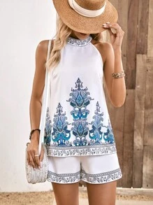 SHEIN LUNE 女士2入組波西米亞風格花卉印花露背上衣和短褲,適用於夏季假期 - 白色 - 查看 7