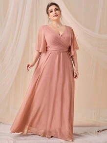 SHEIN Belle Trang phục phù dâu cho phụ nữ Plus Xù Trọn gói Dây kéo Nơ sau màu trơn - Bụi hồng - Xem 2