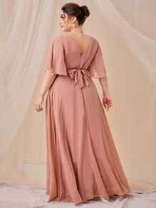 SHEIN Belle Trang phục phù dâu cho phụ nữ Plus Xù Trọn gói Dây kéo Nơ sau màu trơn - Bụi hồng - Xem 3