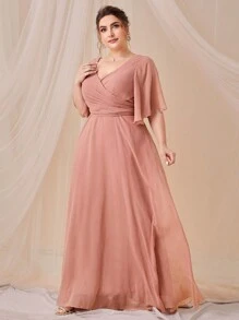 SHEIN Belle Trang phục phù dâu cho phụ nữ Plus Xù Trọn gói Dây kéo Nơ sau màu trơn - Bụi hồng - Xem 4