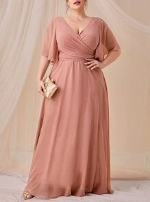 SHEIN Belle Trang phục phù dâu cho phụ nữ Plus Xù Trọn gói Dây kéo Nơ sau màu trơn - Bụi hồng - Xem 1