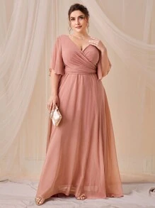 SHEIN Belle Trang phục phù dâu cho phụ nữ Plus Xù Trọn gói Dây kéo Nơ sau màu trơn - Bụi hồng - Xem 6