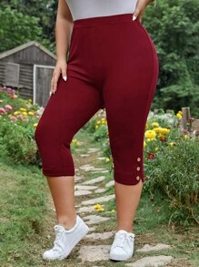 SHEIN LUNE Quần Plus Size Nút màu trơn Giải trí - Màu Đỏ Sâu - Xem 1