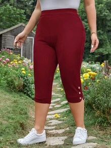 SHEIN LUNE Quần Plus Size Nút màu trơn Giải trí - Màu Đỏ Sâu - Xem 3