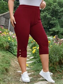 SHEIN LUNE Quần Plus Size Nút màu trơn Giải trí - Màu Đỏ Sâu - Xem 5