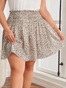 SHEIN LUNE Plus Size Women Summer Ditsy Floral Gathered Waist Mini Skirt, Western Wear, Festival Boho Hippie Cowgirl Old Money Bohemian - Apricot - View 1