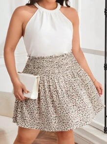 SHEIN LUNE Plus Size Women Summer Ditsy Floral Gathered Waist Mini Skirt, Western Wear, Festival Boho Hippie Cowgirl Old Money Bohemian - Apricot - View 4