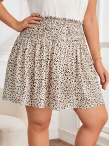 SHEIN LUNE Plus Size Women Summer Ditsy Floral Gathered Waist Mini Skirt, Western Wear, Festival Boho Hippie Cowgirl Old Money Bohemian - Apricot - View 5