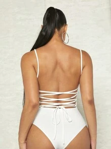Silquee Solid Lace Up Backless Cami Bodysuit - White - View 2