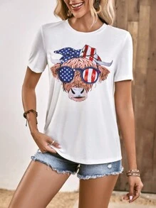 SHEIN LUNE 旗和奶牛圖案T恤 - 白色 - 查看 4